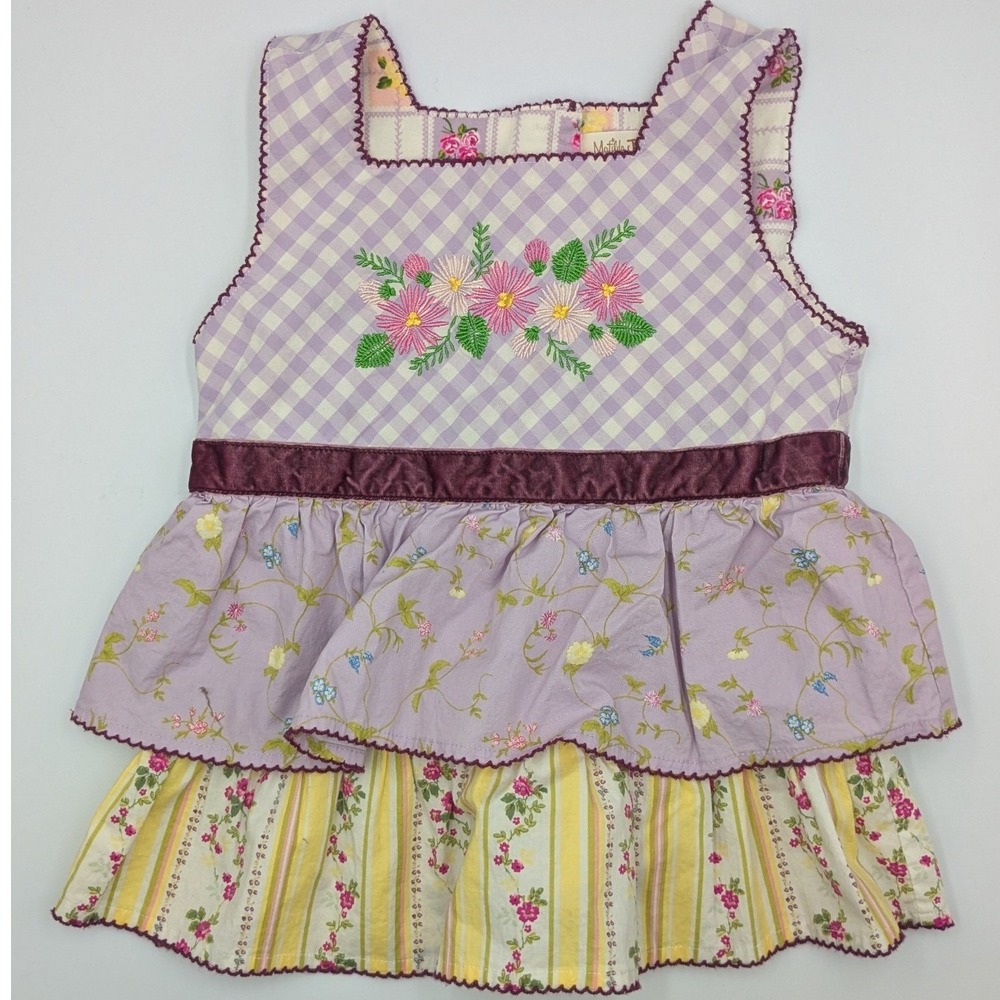 Matilda Jane Dress Girls 6 Lavender‎ Gingham Embroidered Floral Peasant